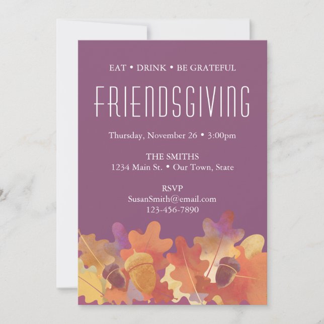 Oak Löv & Acorn Thanksgiving inom Lila och Orange Meddelande (Framsida)