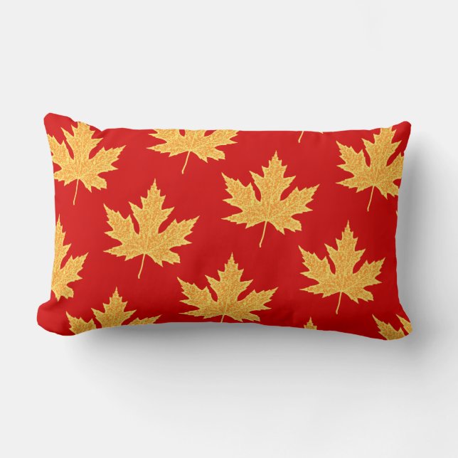 Oak löv - djup röd och saffron lumbarkudde (Framsida)