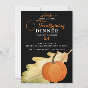 Oak Löv och Pumpkin på svarta Thanksgivingen Midda Inbjudningar