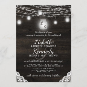 Oak Ridge Rustic Mason Burk & String Light Bröllop Inbjudningar