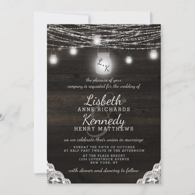 Oak Ridge Rustic Mason Jars & String Light Bröllop Inbjudningar (Framsida)