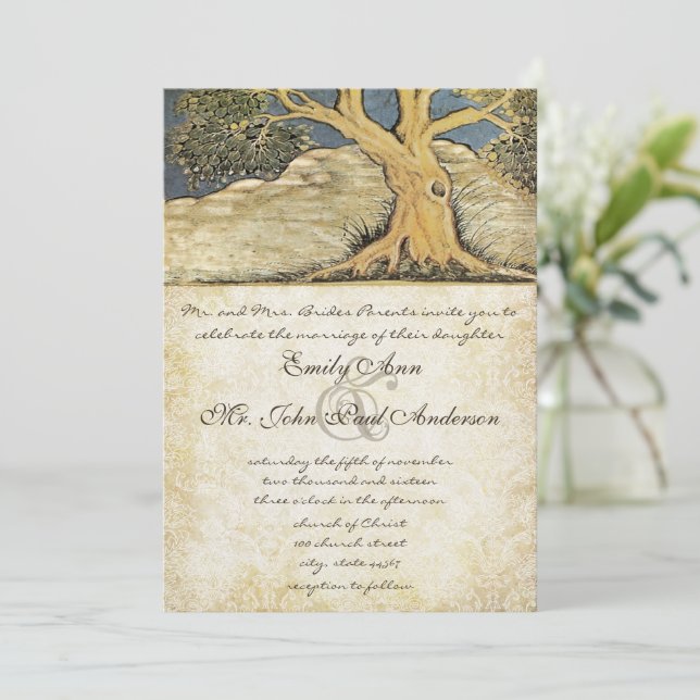 Oak Träd Distress Damask Metallic Elegance Inbjudningar (Stående Fram)