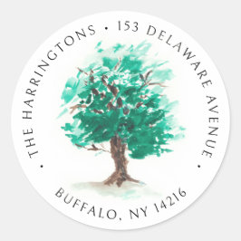 Oak Träd Hand-Drawn Watercolor Returadress Runt Klistermärke