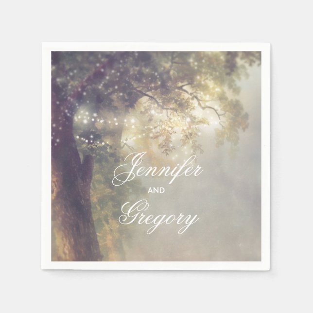 Oak Träd och String Ljus Rustic Garden Wedding Pappersservett (Framsidan)