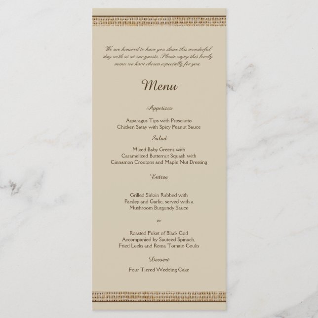 Oak Träd på Burlap Bröllop Menu Meny (Framsida)