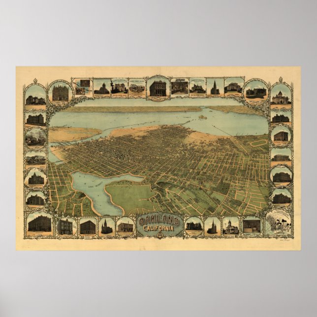 Oakland California 1900 Antique Panoramic Karta Poster (Framsidan)