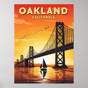 Oakland California Bay bridge sunset vintage Poster