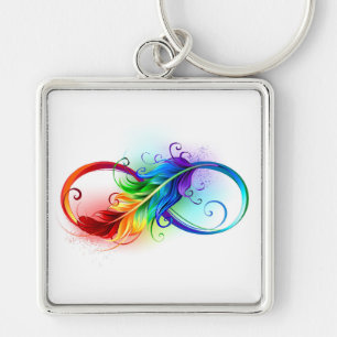 Oändlig symbol med Rainbow Feather Fyrkantig Silverfärgad Nyckelring