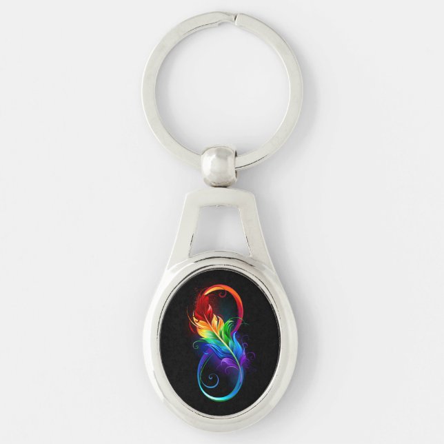 Oändlig symbol med Rainbow Feather Ovalt Silverfärgad Nyckelring (Framsidan)