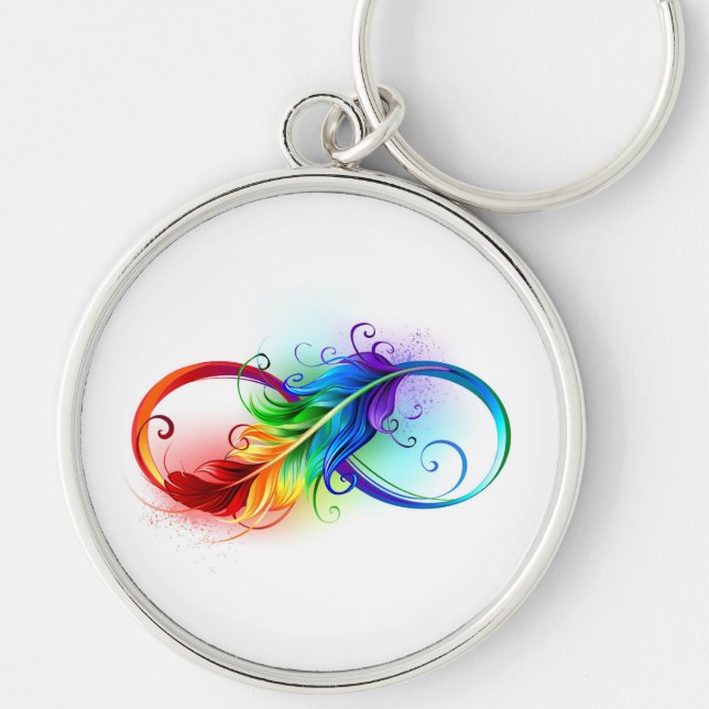 Oändlig symbol med Rainbow Feather Rund Silverfärgad Nyckelring (Framsidan)