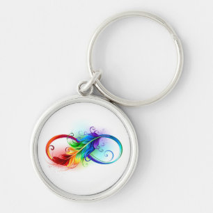 Oändlig symbol med Rainbow Feather Rund Silverfärgad Nyckelring