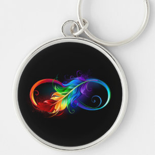 Oändlig symbol med Rainbow Feather Rund Silverfärgad Nyckelring