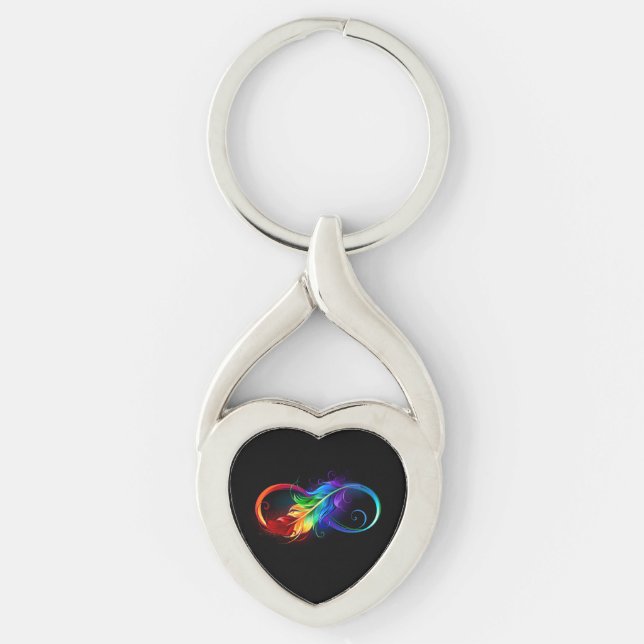 Oändlig symbol med Rainbow Feather Twisted Heart Silverfärgad Nyckelring (Framsidan)