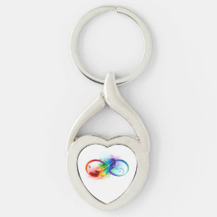 Oändlig symbol med Rainbow Feather Twisted Heart Silverfärgad Nyckelring