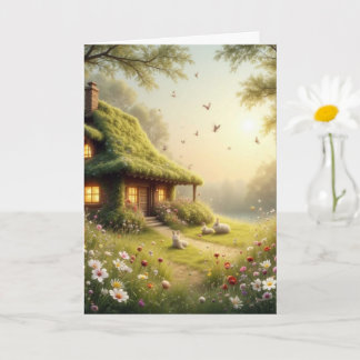 Oändliga ängar scen – mysig stuga vilda blommor kort