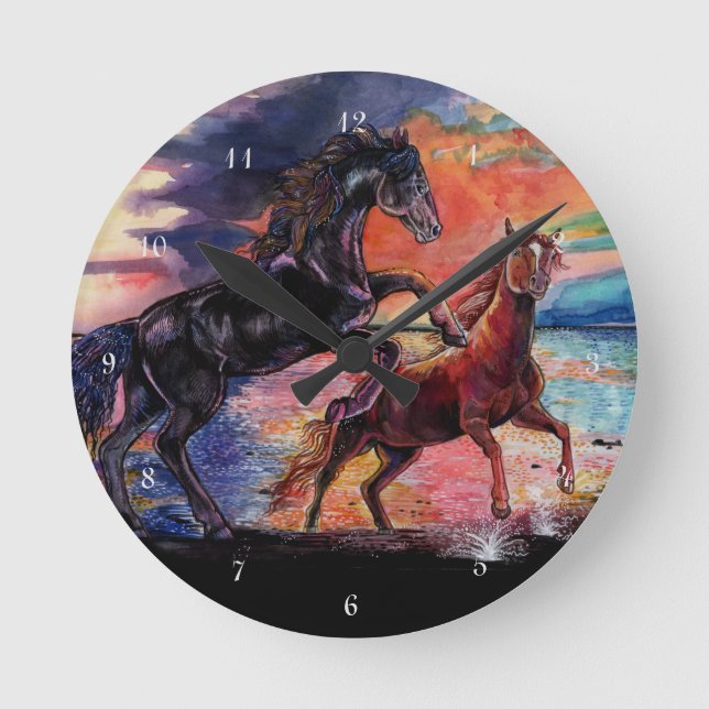 Oändliga vattenfärgshästar i Himlar Rund Klocka (Framsida)