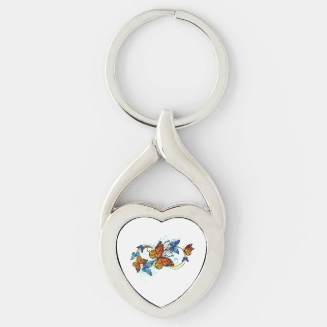 Oändlighet av monarkfjärilar twisted heart silverfärgad nyckelring (Framsidan)