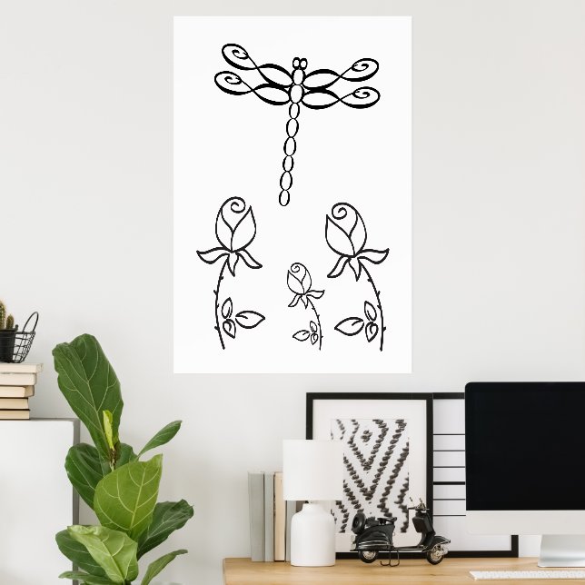 Oändlighet Libell med rosor svart och vitt Poster (Hemmakontoret)