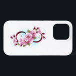 Oändlighet med Blommar Flowers Sakura<br><div class="desc">Symbol för oändlighet med blommor och löv av blåsande sakura-blommar mot ljusbakgrund,  målade med blå färg. Oändlighetssymbolen. Sakura-blommar. Tatto stil. Hanami</div>