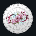 Oändlighet med Blommar Flowers Sakura Darttavla<br><div class="desc">Symbol för oändlighet med blommor och löv av blåsande sakura-blommar mot ljusbakgrund,  målade med blå färg. Oändlighetssymbolen. Sakura-blommar. Tatto stil. Hanami</div>