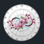 Oändlighet med Blommar Flowers Sakura Darttavla<br><div class="desc">Symbol för oändlighet med blommor och löv av blåsande sakura-blommar mot ljusbakgrund,  målade med blå färg. Oändlighetssymbolen. Sakura-blommar. Tatto stil. Hanami</div>