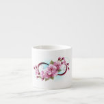 Oändlighet med Blommar Flowers Sakura Espressomugg<br><div class="desc">Symbol för oändlighet med blommor och löv av blåsande sakura-blommar mot ljusbakgrund, målade med blå färg. Oändlighetssymbolen. Sakura-blommar. Tatto stil. Hanami</div>