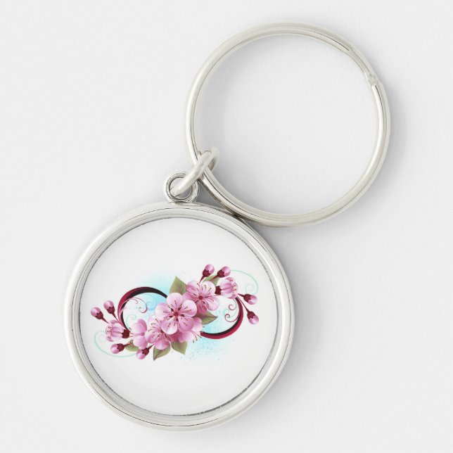 Oändlighet med Blommar Flowers Sakura Rund Silverfärgad Nyckelring (Framsidan)
