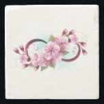 Oändlighet med Blommar Flowers Sakura Stenunderlägg<br><div class="desc">Symbol för oändlighet med blommor och löv av blåsande sakura-blommar mot ljusbakgrund,  målade med blå färg. Oändlighetssymbolen. Sakura-blommar. Tatto stil. Hanami</div>