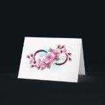 Oändlighet med Blommar Flowers Sakura Tack Kort<br><div class="desc">Symbol för oändlighet med blommor och löv av blåsande sakura-blommar mot ljusbakgrund,  målade med blå färg. Oändlighetssymbolen. Sakura-blommar. Tatto stil. Hanami</div>