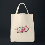 Oändlighet med Blommar Flowers Sakura Tygkasse<br><div class="desc">Symbol för oändlighet med blommor och löv av blåsande sakura-blommar mot ljusbakgrund,  målade med blå färg. Oändlighetssymbolen. Sakura-blommar. Tatto stil. Hanami</div>