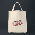 Oändlighet med Blommar Flowers Sakura Tygkasse<br><div class="desc">Symbol för oändlighet med blommor och löv av blåsande sakura-blommar mot ljusbakgrund, målade med blå färg. Oändlighetssymbolen. Sakura-blommar. Tatto stil. Hanami</div>