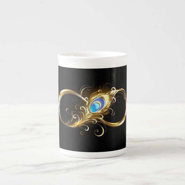 Oändlighet med Golden Peacock Feather Benporslin Mugg (Framsidan)
