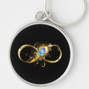 Oändlighet med Golden Peacock Feather Rund Silverfärgad Nyckelring