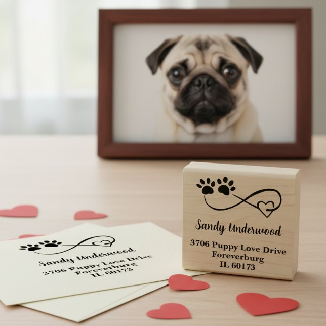 Oändlighetssymbol Hjärtan & Tassar Returadress Stä Stämpel (Infinity paws and heart return address stamp -timeless way to send love from you and your pets 🐾❤️)
