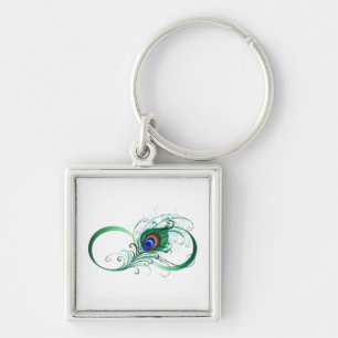 Oändlighetssymbol med Peacock Feather Fyrkantig Silverfärgad Nyckelring