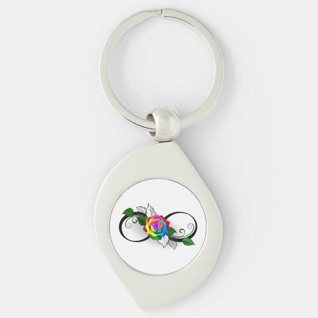 Oändlighetssymbol med regnbågsros swirl silverfärgad nyckelring (Framsidan)