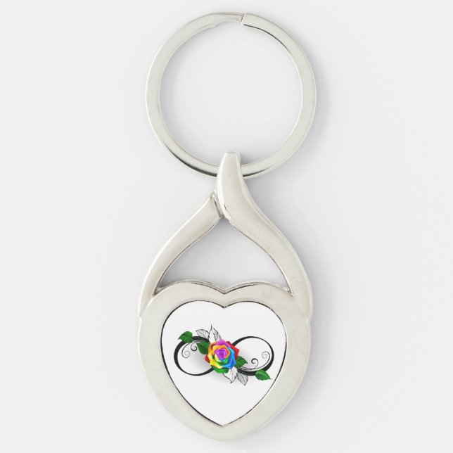 Oändlighetssymbol med regnbågsros twisted heart silverfärgad nyckelring (Framsidan)