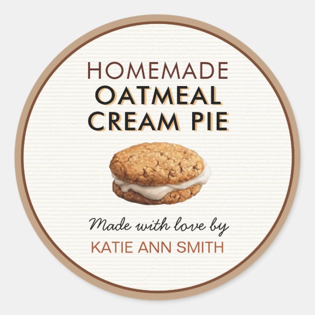 Oatmeal Cream Pie Label | Homemade Bakery Sticker Runt Klistermärke (Framsida)