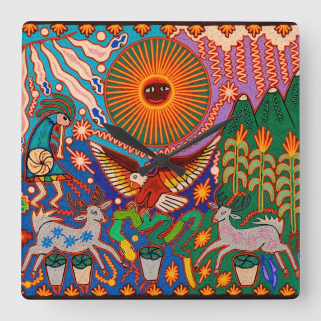 Oaxaca Mexiko Mexikanska Mayan Tribal Art Boho Tra Fyrkantig Klocka (Framsida)