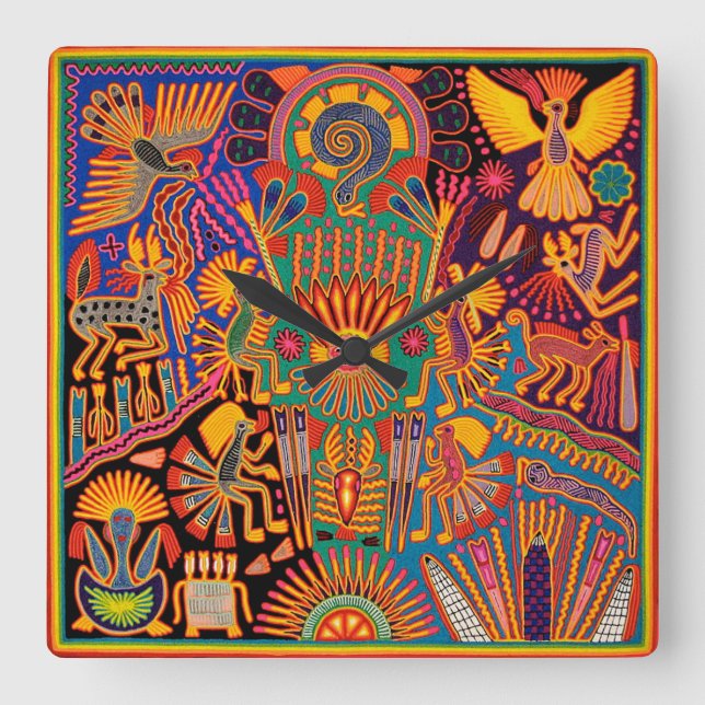 Oaxaca Mexiko Mexikanska Mayan Tribal Art Boho Tra Fyrkantig Klocka (Framsida)