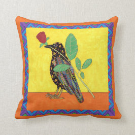 Oaxacan Kråka & Röd ros mexikansk folkart Kudde