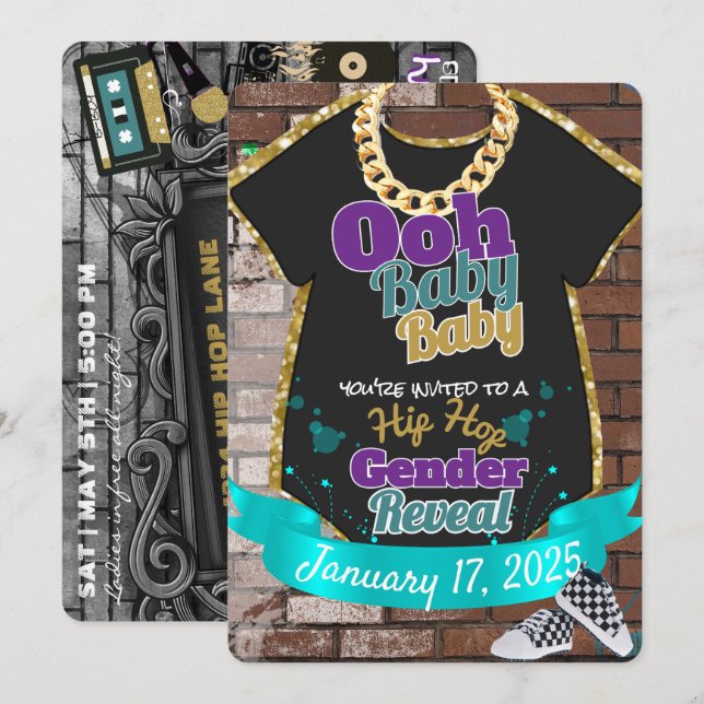 OBaby Baby|Lila & Teal Hip hop Gender Reveal Inbjudningar (Fram/baksida)