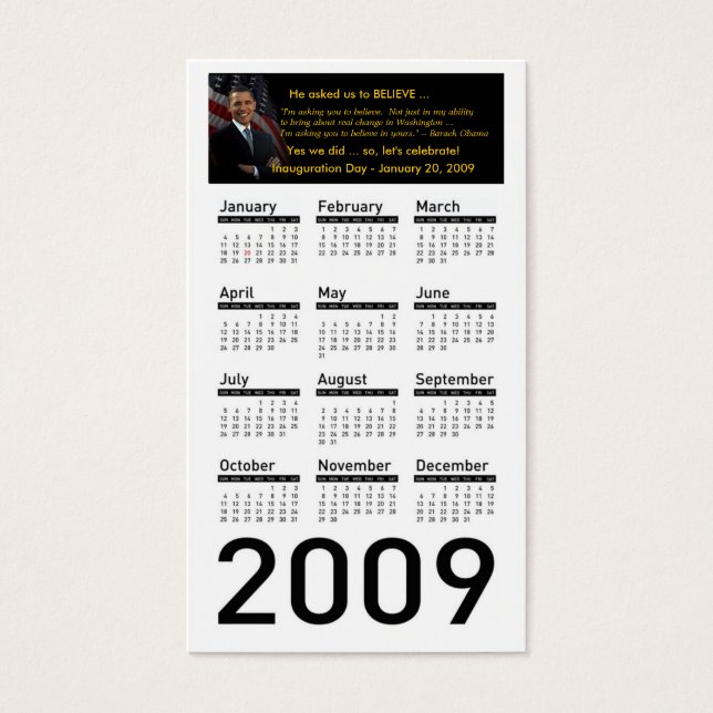 Obama Inauguration 2009 Calendar Profile Cards Visitkort (Framsidan)
