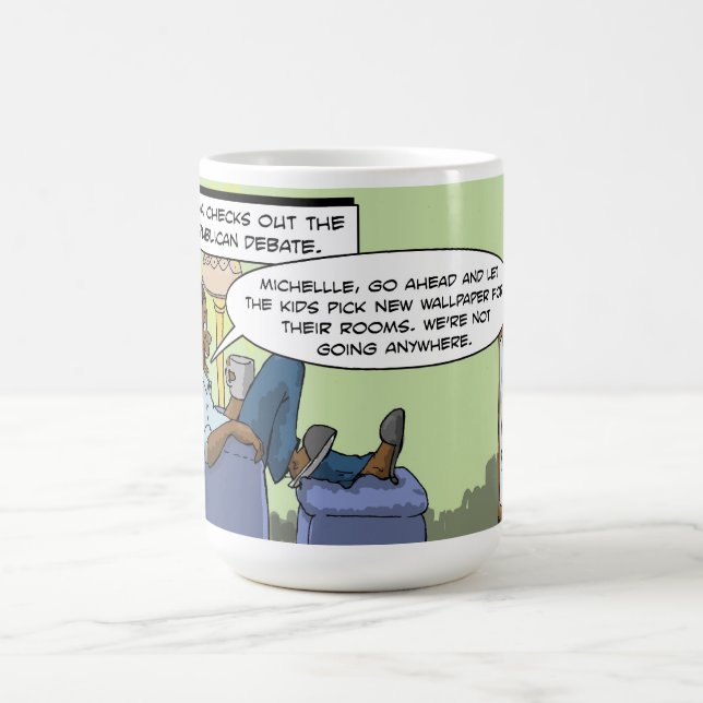 Obama kontrollerar ut den republikanska debatten kaffemugg (Center)