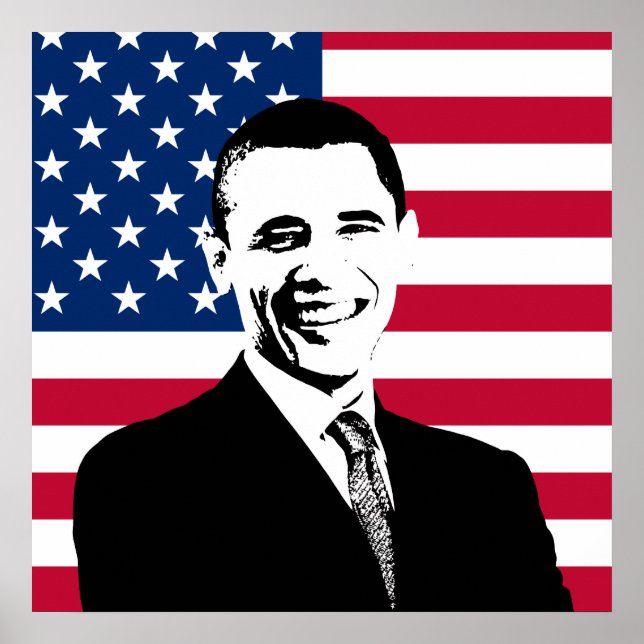 Obama och den amerikanska Flagga Poster (Framsidan)