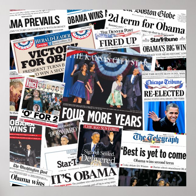 Obama vinner 2012 Front Page Newspaper Collage Poster (Framsidan)