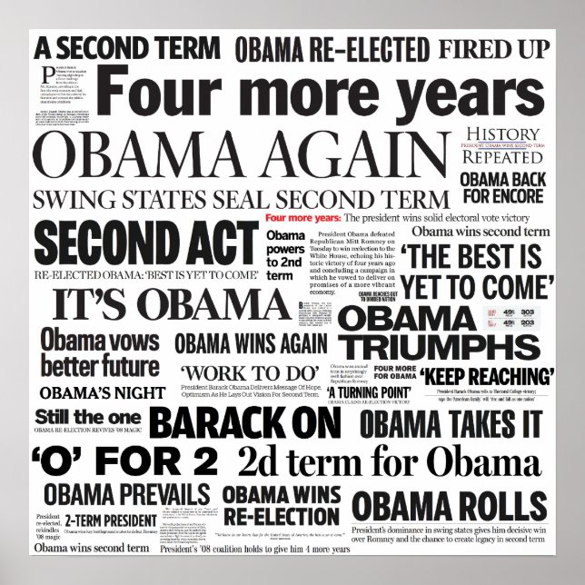 Obama Wins 2012 Newspaper Headline Collage Poster (Framsidan)
