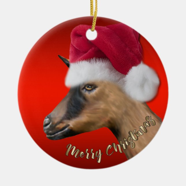 Oberhasli Goat Santa Hat-julprydnaden Julgransprydnad Keramik (Framsidan)