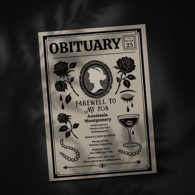 Obituary Newspaper 30års födelsedag RIP My 20s Inbjudningar (Obituary Newspaper 30th Birthday Invitation)