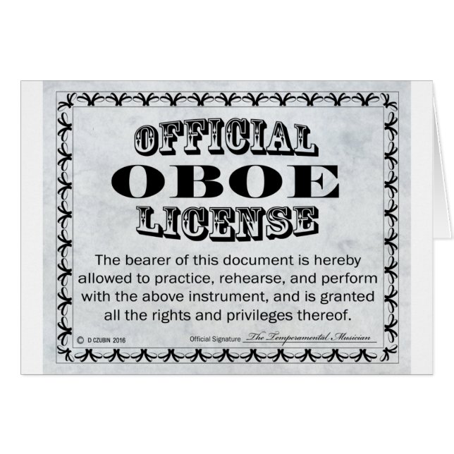 Oboe Licence Hälsningskort (Framsidan Horizontal)
